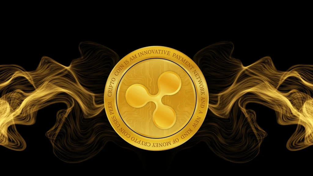 A gold XRP Ripple cryptocurrency coin surrounded by golden smoke waves on a black background