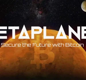 Metaplanet promotional banner featuring a Bitcoin symbol on a planet against a space background with the tagline "Secure the Future with Bitcoin"