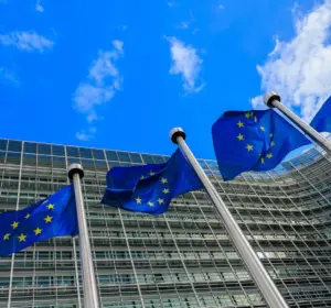 European Union flags flying outside the European Commission headquarters in Brussels