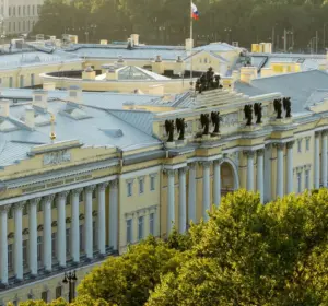 Russian Constitutional Court building in Saint Petersburg with the Russian flag
