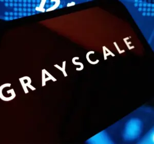 Grayscale company logo displayed on a dark screen over a blue financial market background.