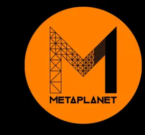 Orange Metaplanet logo with stylized black M and company name on a black background.