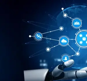 Robotic hand holding a digital globe with connected network icons representing blockchain, security, and data technology