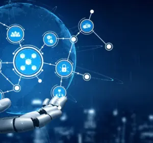 Robotic hand holding a digital globe with connected network icons representing blockchain, security, and data technology