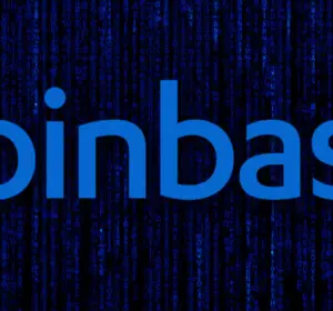 Blue Coinbase logo displayed over a dark background filled with digital code