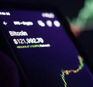 A hand holds a smartphone displaying Bitcoin's price at $121,992.70 with a positive gain, against a blurred green and red candlestick chart background.