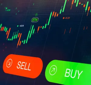 Crypto trading interface with candlestick chart and large buy and sell buttons